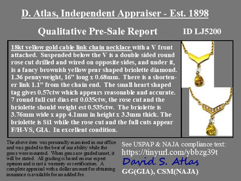 .57ct Yellow Briolette Cut Diamond Drop Necklace
