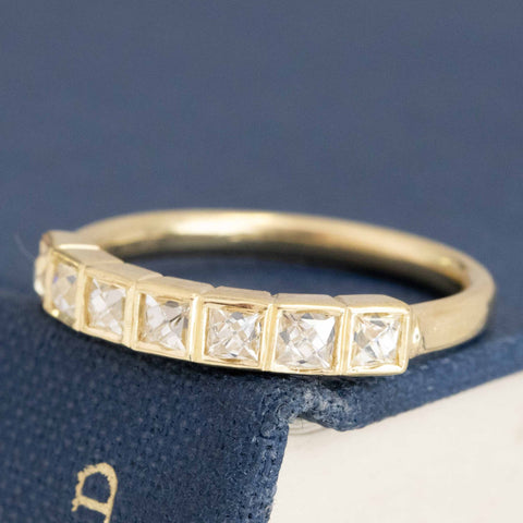 Historic style .57ctw French Cut Diamond Bezel Band wedding band with French Cut Diamonds, unique heirloom in yellow gold.
