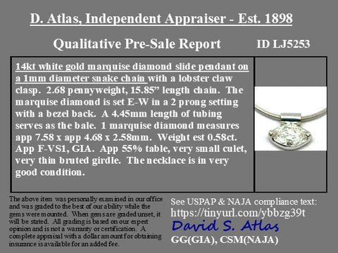 .58ct Vintage Marquise Cut Diamond Pendant, Italian