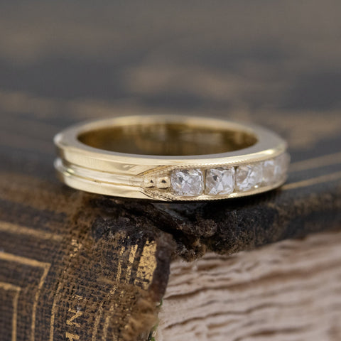 Elegant .58ctw Channel Set Old Mine Cut Diamond Band, romantic design with Old Mine Cut Diamonds, Earth-mined diamonds in yellow gold.