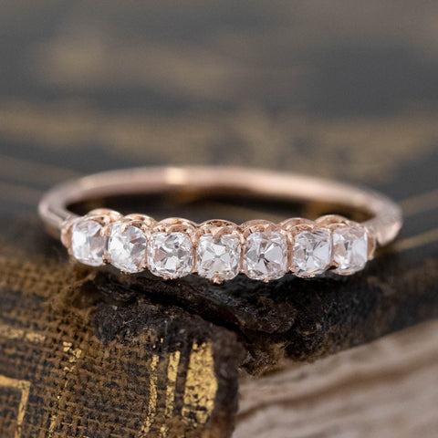 .60ctw Petite Old Mine Cut 7-Stone Diamond Band with Old Mine Cut Diamonds in rose gold, antique-inspired one-of-a-kind wedding band.
