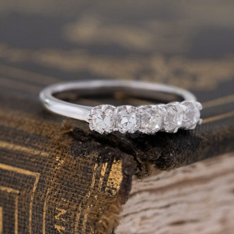 Historic style .60ctw Petite Old Mine Cut Diamond 5-Stone Band wedding band with Old Mine Cut Diamonds, unique heirloom in platinum