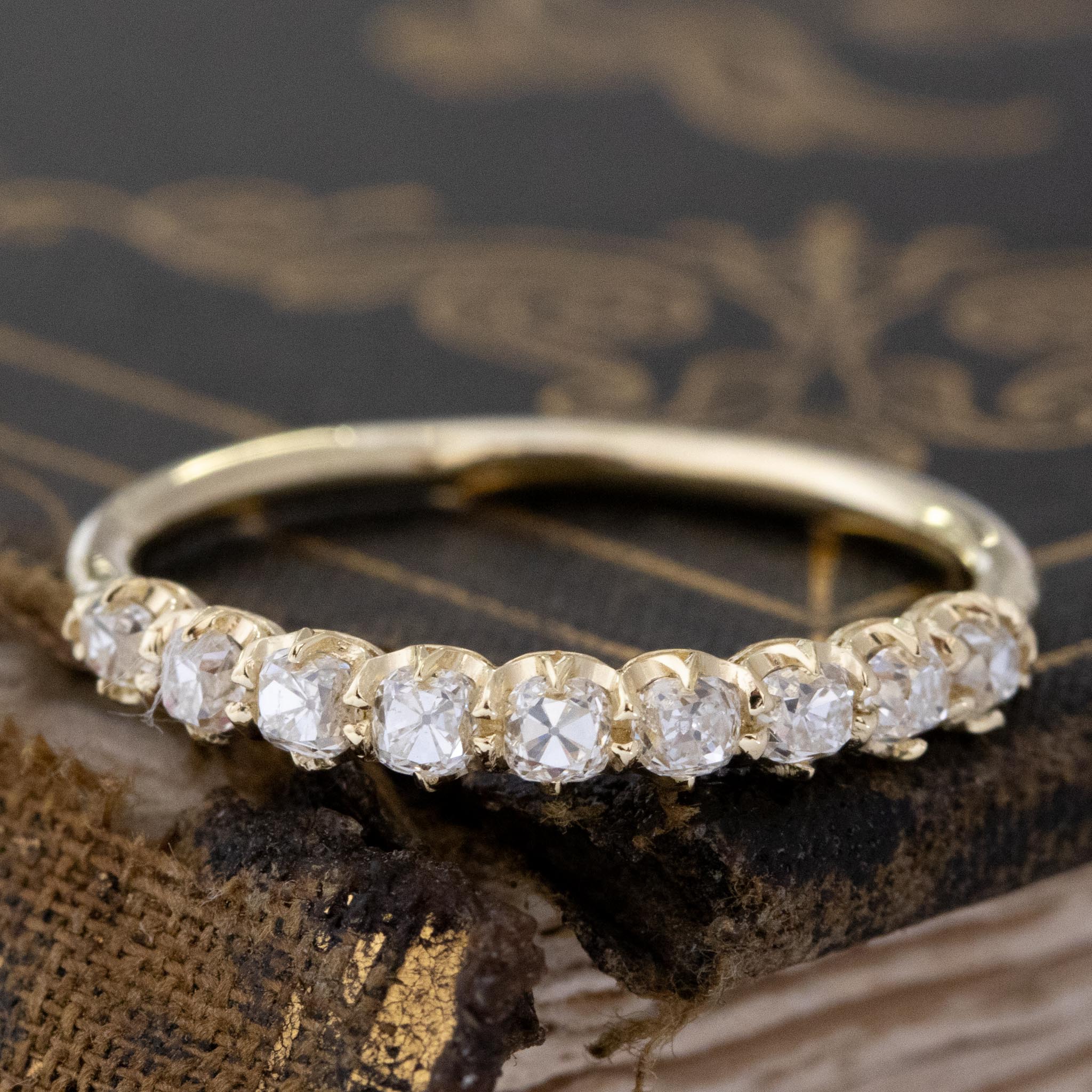 .61ctw Petite Old Mine Cut Diamond Half-Hoop Band with Old Mine Cut Diamonds in yellow gold, antique-inspired one-of-a-kind wedding band