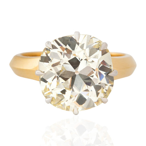 6.28ct old mine cut diamond solitaire ring in 18kt yellow gold and platinum, GIA