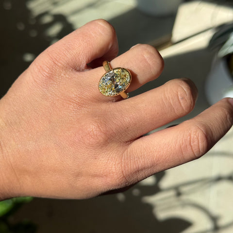 6.41ct light yellow oval cut diamond collet solitaire ring in 20kt yellow gold, GIA – alternate view 2
