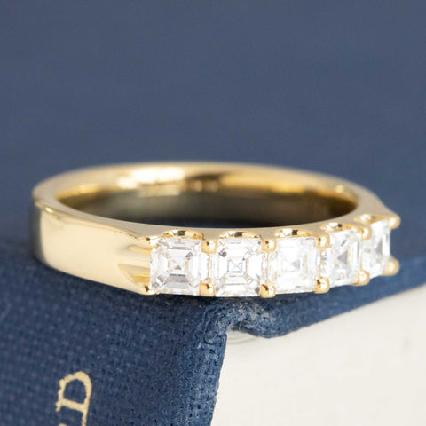 Historic style .64ctw Asscher Cut Diamond 5-Stone Band wedding band with Antique Diamonds, unique heirloom in yellow gold
