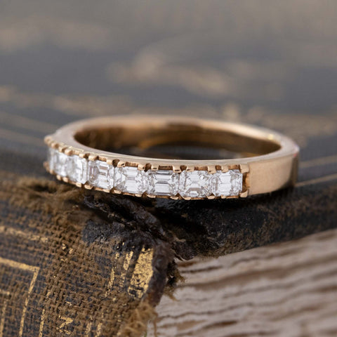 Close-up of .64ctw Emerald Cut Diamond 8-Stone Band, vintage-inspired band with Antique Diamonds, crafted in rose gold