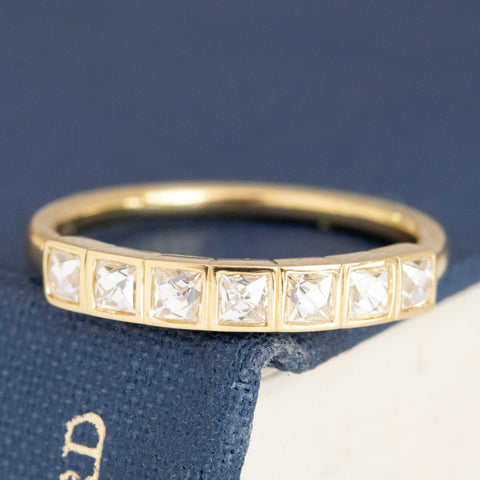 .65ctw French Cut Diamond Half-Hoop Bezel Band with French Cut Diamonds in yellow gold, antique-inspired one-of-a-kind wedding band