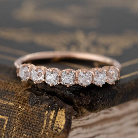 .65ctw Petite Old Mine Cut Diamond 7-Stone Band with Old Mine Cut Diamonds in rose gold, antique-inspired one-of-a-kind wedding band