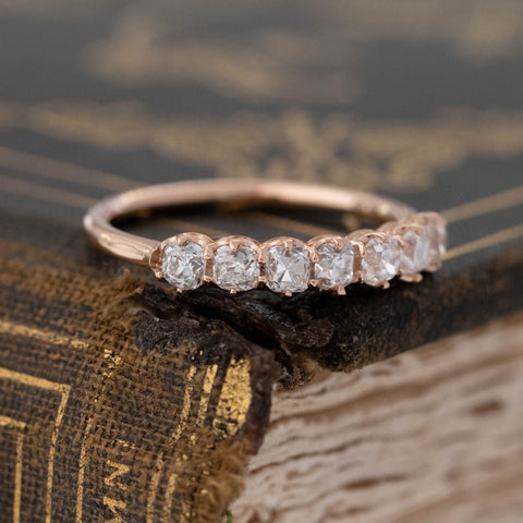 Historic style .65ctw Petite Old Mine Cut Diamond 7-Stone Band wedding band with Old Mine Cut Diamonds, unique heirloom in rose gold