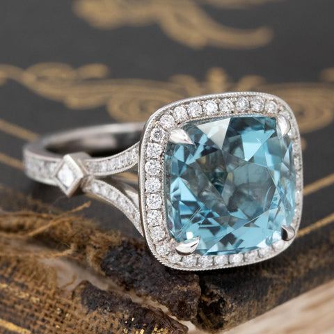 6.64ctw Aquamarine & Diamond Halo Ring by Canera