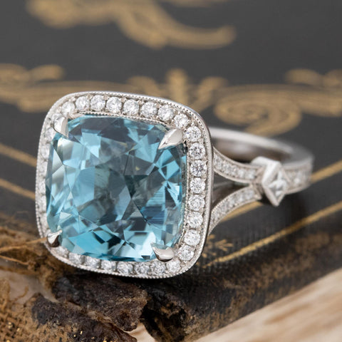 6.64ctw Aquamarine & Diamond Halo Ring by Canera
