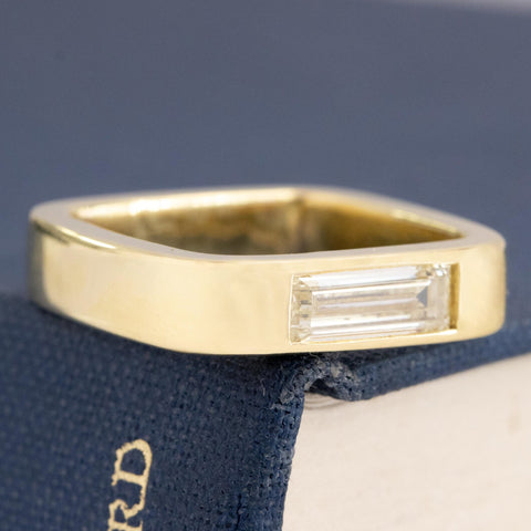 Historic style .67ct Baguette Cut Diamond Square Shank Band wedding band with Baguette Cut Diamonds, unique heirloom in yellow gold