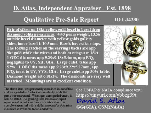 6.81ctw Antique Old European Cut Diamond Dormeuse Bezel Earrings