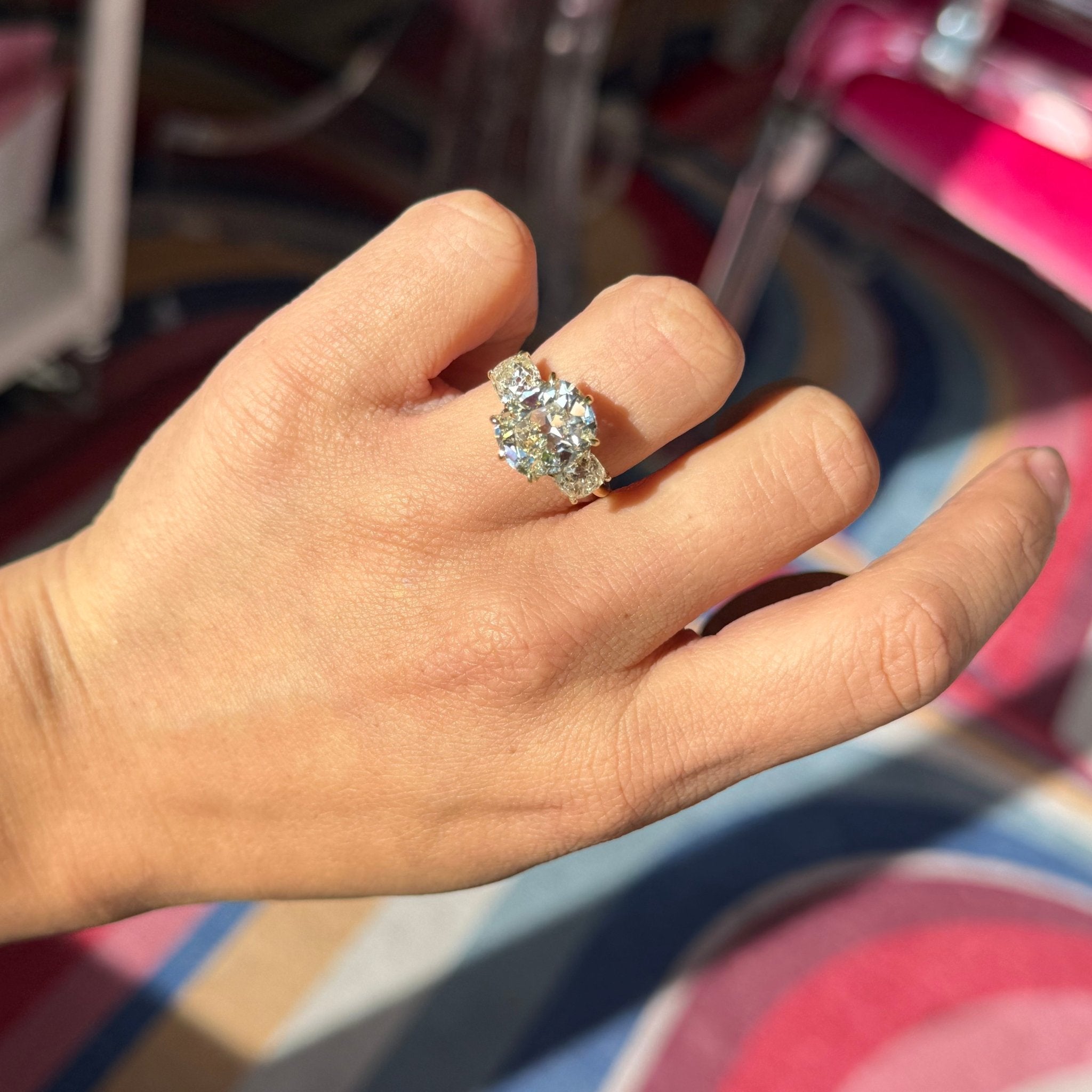 6.99ctw Old Mine Cut Diamond Trilogy Ring, GIA