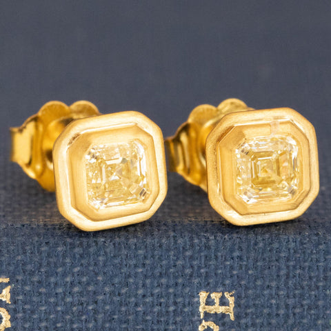 .72ctw Yellow Asscher Cut Diamond Double Bezel Stud Earrings