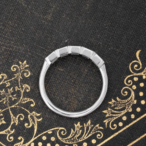 Side view of .73ctw Asscher Cut Diamond Bezel 5-Stone Band, vintage-inspired band with Antique Diamonds, crafted in platinum