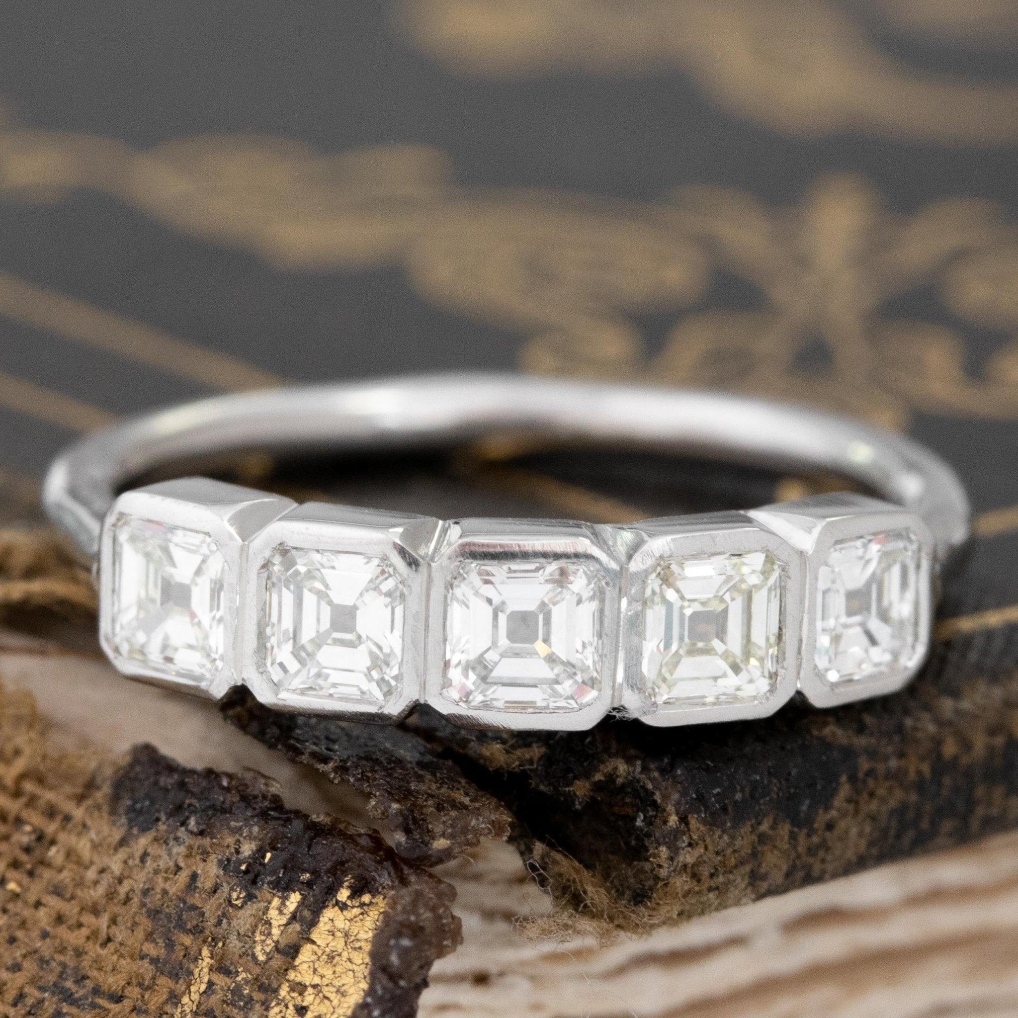 .73ctw Asscher Cut Diamond Bezel 5-Stone Band with Antique Diamonds in platinum, antique-inspired one-of-a-kind wedding band