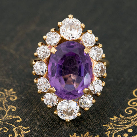 7.45ctw Amethyst & Old Cut Diamond Cluster Ring