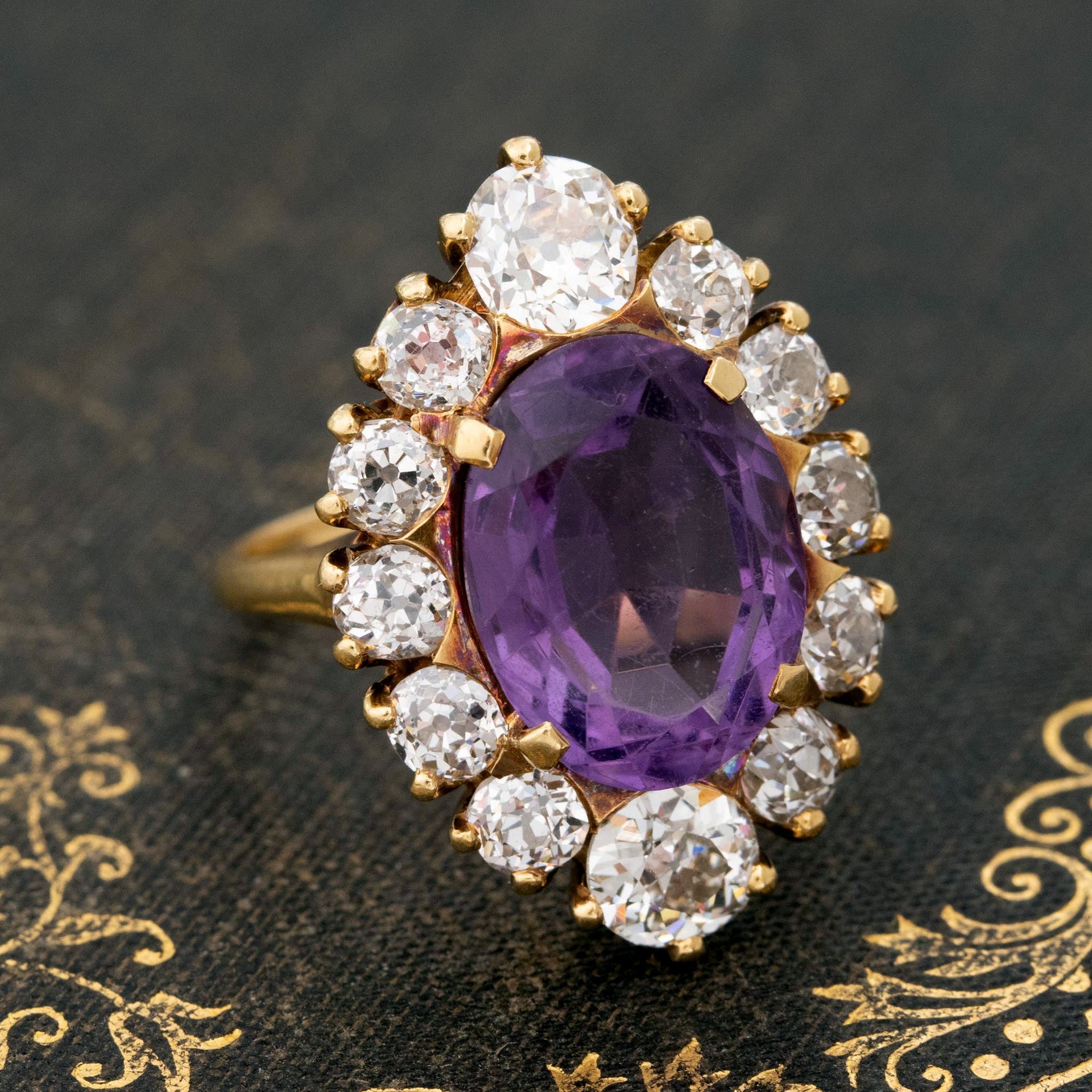 Amethyst Old Cut Diamond Cluster Ring