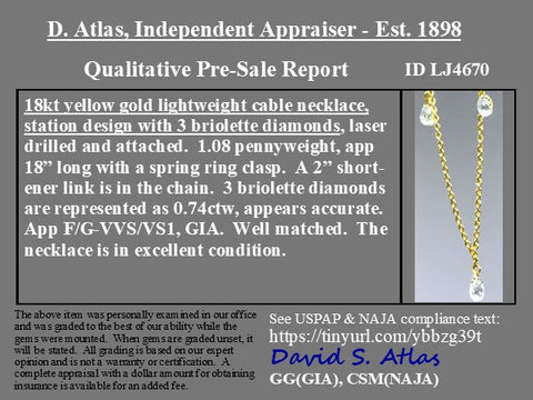 .74ctw Briolette Cut Diamond 3-Stone Necklace