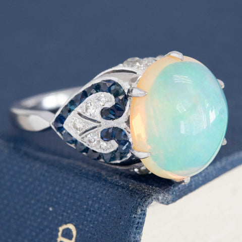 7.53ctw Edwardian revival opal, calibre sapphire and diamond cluster ring, 18K white gold – alternate view 3
