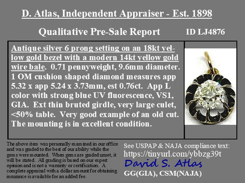 .76ct Antique Old Mine Cut Diamond Collet Pendant/Charm