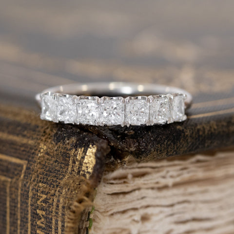 .78ctw Radiant Cut Diamond 7-Stone Band with Antique Diamonds in platinum, antique-inspired one-of-a-kind wedding band