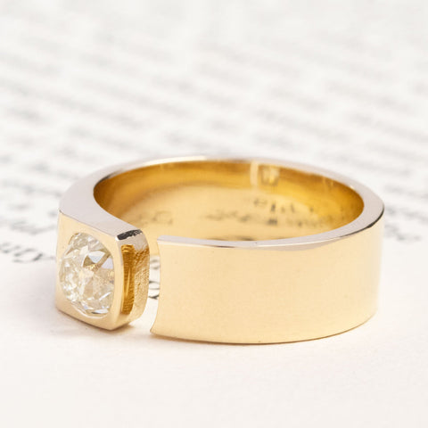 Antique lovers’ .79ct Old Mine Cut Diamond Open Cigar Band in yellow gold, featuring rare Earth-mined Old Mine Cut Diamonds