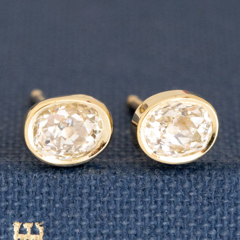 .80ctw Old Mine Oval Cut Diamond Bezel Stud Earrings
