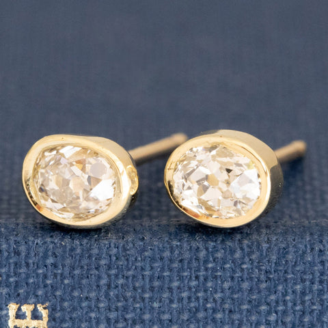 .80ctw Old Mine Oval Cut Diamond Bezel Stud Earrings