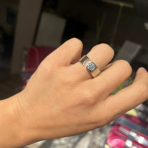 Elegant .81ct Old European Cut Diamond Open Cigar Band, romantic design with Old European Cut Diamonds, Earth-mined diamonds in platinum shown on ring finger
