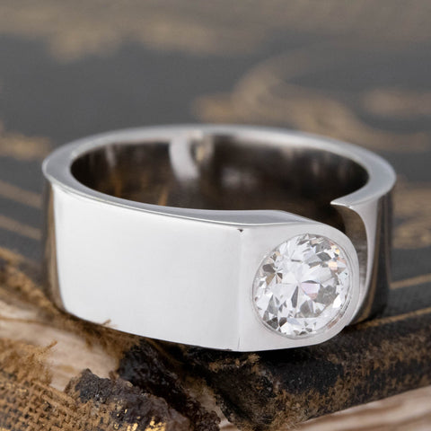 Close-up of .81ct Old European Cut Diamond Open Cigar Band, vintage-inspired band with Old European Cut Diamonds, crafted in platinum