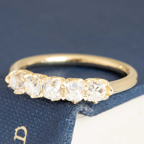 Antique lovers’ .82ctw Petite Old Mine Cut Diamond 5-Stone Band in yellow gold, featuring rare Earth-mined Old Mine Cut Diamonds