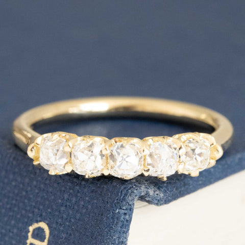.82ctw Petite Old Mine Cut Diamond 5-Stone Band with Old Mine Cut Diamonds in yellow gold, antique-inspired one-of-a-kind wedding band