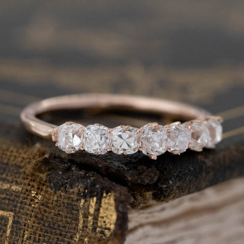 Historic style .82ctw Petite Old Mine Cut Diamond 7-Stone Band wedding band with Old Mine Cut Diamonds, unique heirloom in rose gold