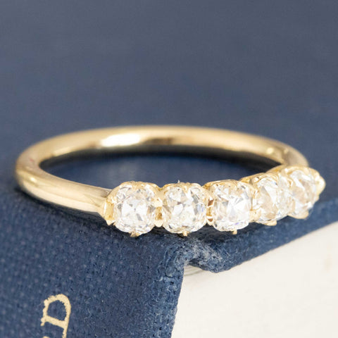 Historic style .83ctw Petite Old Mine Cut Diamond 5-Stone Band wedding band with Old Mine Cut Diamonds, unique heirloom in yellow gold