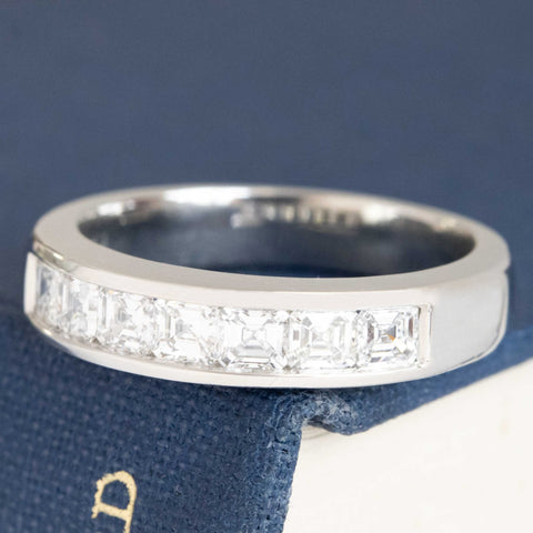 Antique lovers’ .85ctw Asscher Cut Diamond Channel Set Band in platinum, featuring rare Earth-mined Antique Diamonds