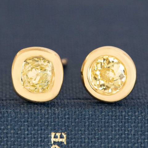 .85ctw Old European & Old Mine Cut Fancy Yellow Diamond Bezel Stud Earrings