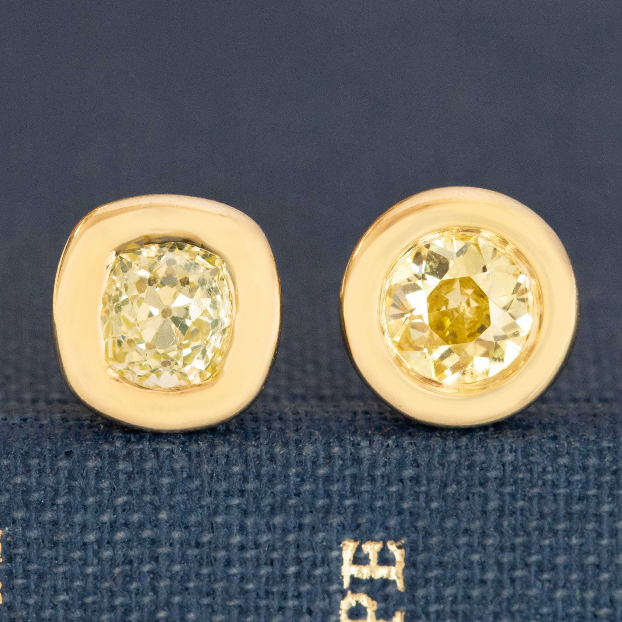 .85ctw Old European & Old Mine Cut Fancy Yellow Diamond Bezel Stud Earrings