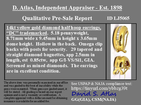 .85ctw Vintage Baguette Cut Diamond Huggie Earrings