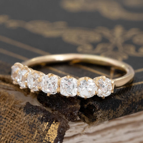Antique lovers’ .86ctw Petite Old Mine Cut Diamond 7-Stone Band in yellow gold, featuring rare Earth-mined Old Mine Cut Diamonds