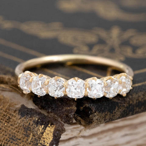 .86ctw Petite Old Mine Cut Diamond 7-Stone Band with Old Mine Cut Diamonds in yellow gold, antique-inspired one-of-a-kind wedding band