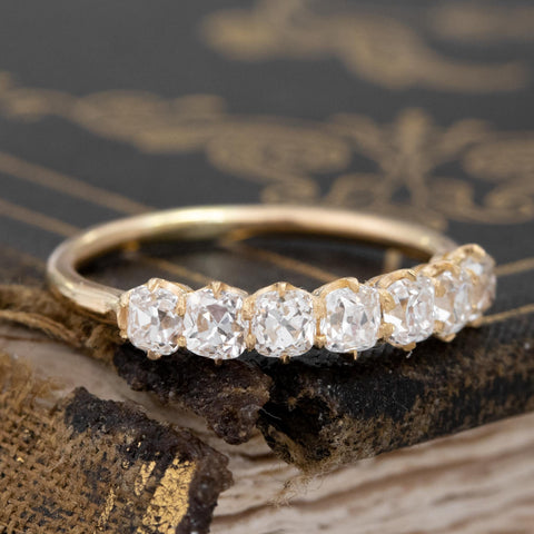 Historic style .86ctw Petite Old Mine Cut Diamond 7-Stone Band wedding band with Old Mine Cut Diamonds, unique heirloom in yellow gold