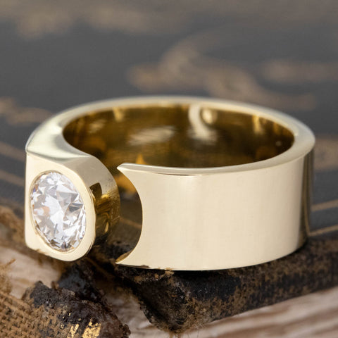 Antique lovers’ .87ct Transitional Cut Diamond Open Cigar Band in yellow gold, featuring rare Earth-mined Antique Diamonds