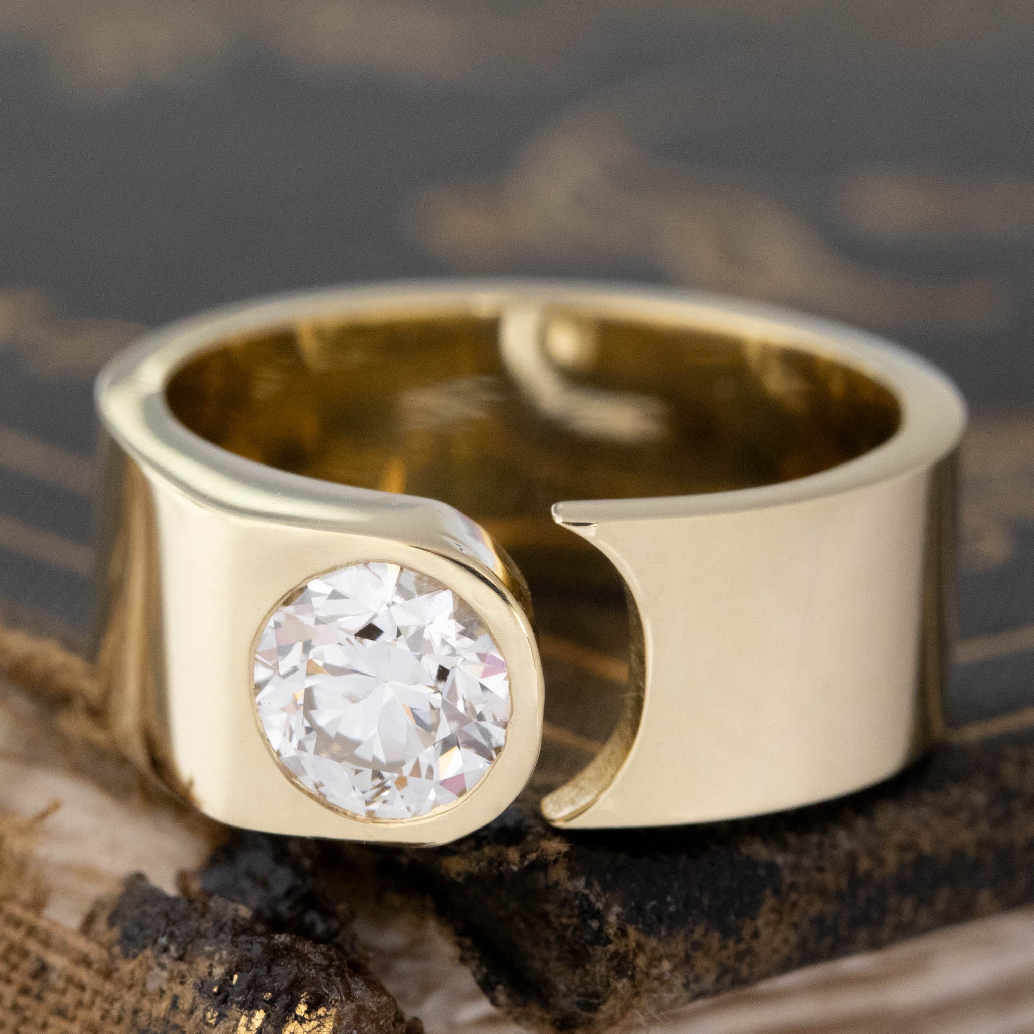 .87ct Transitional Cut Diamond Open Cigar Band with Antique Diamonds in yellow gold, antique-inspired one-of-a-kind wedding band