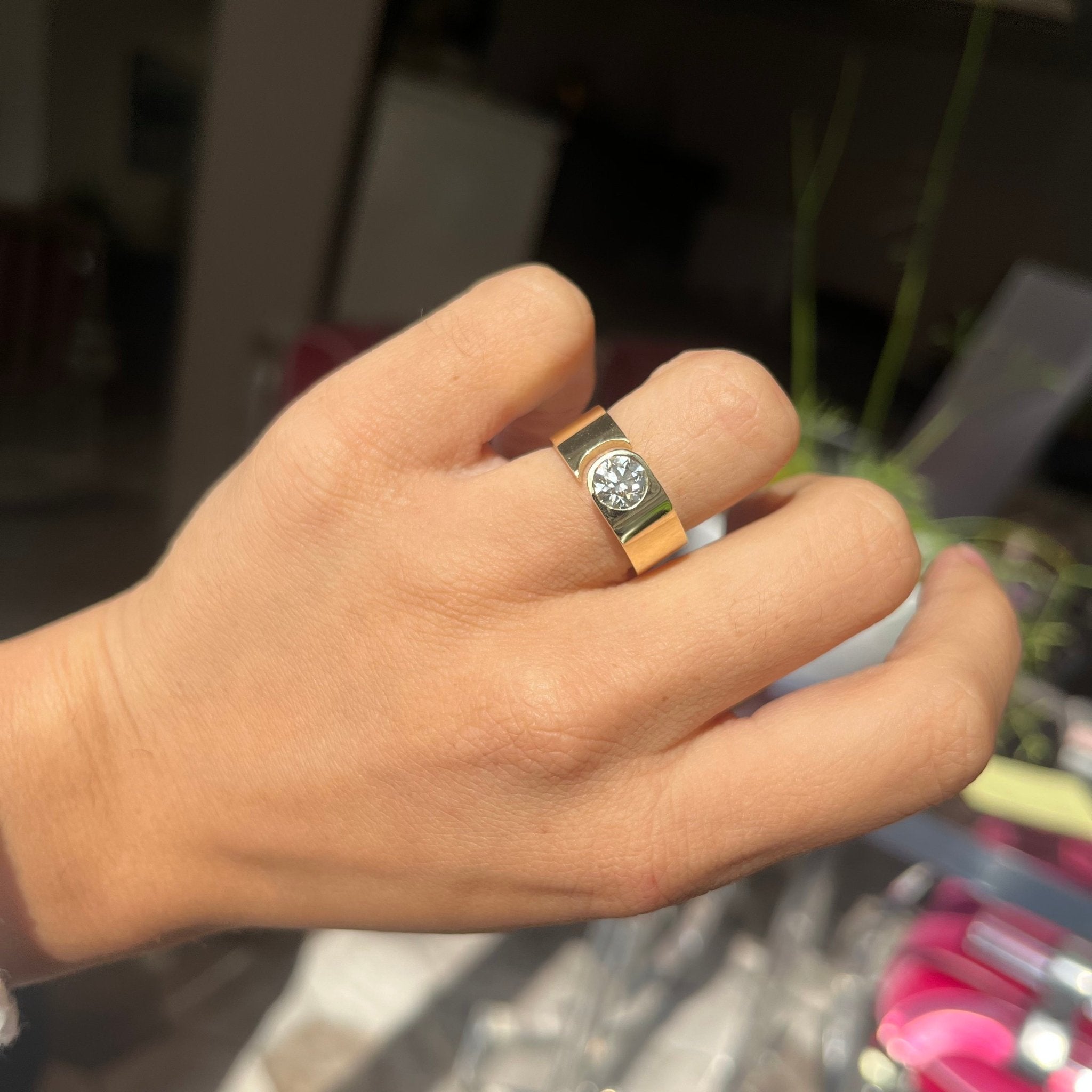 Elegant .87ct Transitional Cut Diamond Open Cigar Band, romantic design with Antique Diamonds, Earth-mined diamonds in yellow gold shown on ring finger