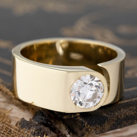 Historic style .87ct Transitional Cut Diamond Open Cigar Band wedding band with Antique Diamonds, unique heirloom in yellow gold