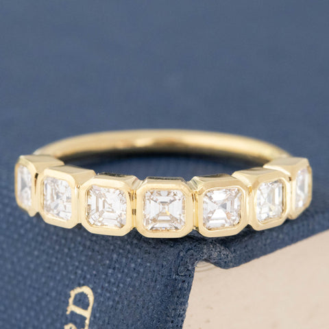 .87ctw Asscher Cut Diamond Bezel Half-Hoop Band with Antique Diamonds in yellow gold, antique-inspired one-of-a-kind wedding band