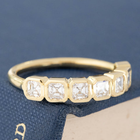 Historic style .89ctw Asscher Cut Diamond Bezel 7-Stone Band wedding band with Antique Diamonds, unique heirloom in yellow gold